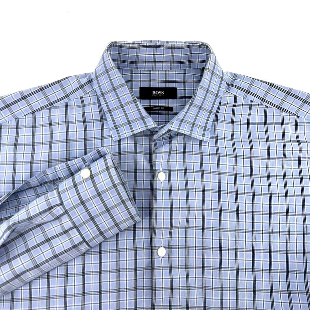 BOSS Hugo Boss Men Sharp Fit Blue Plaid Long Sleeve Button Down Shirt 15.5 34/35